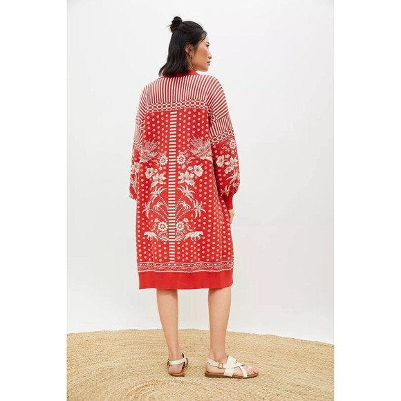 Farm Rio Anthropologie Red Tropical Cardigan Flowers MEDIUM 100% ORGANIC Cotton - Picture 3 of 11